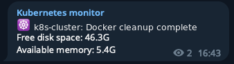 Telegram notification of Docker cleanup complete with free disk and memory